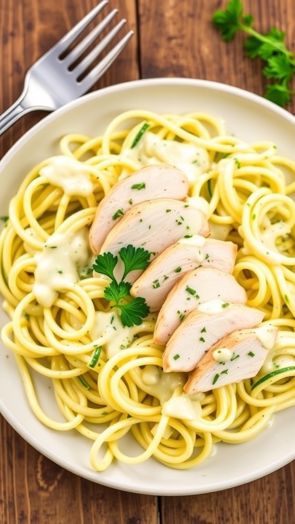 Zero Net Carb Chicken Alfredo Recipe Zero Net Carb Chicken Alfredo with zucchini noodles and chicken in creamy sauce, garnished with parsley on a wooden table.